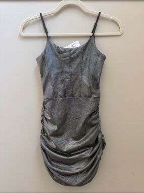 NWT FBZ Girls Silver Metallic Shimmer Ruched Spaghetti Strap Dress Sz L